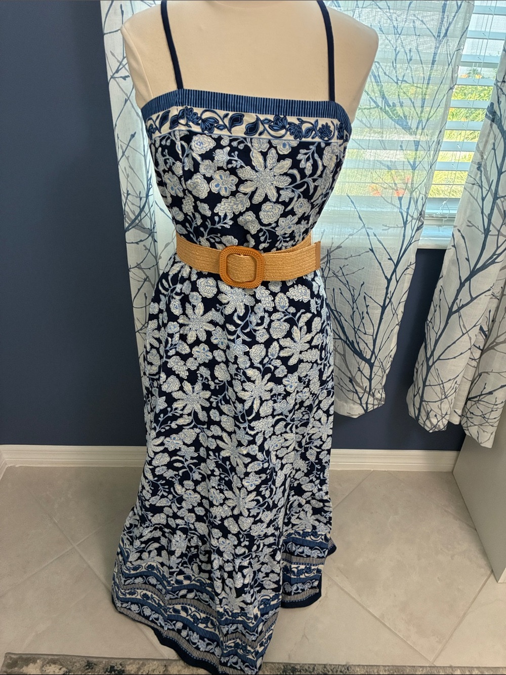 Taylor Navy Blue Floral Belted Maxi Dress with Spaghetti Straps